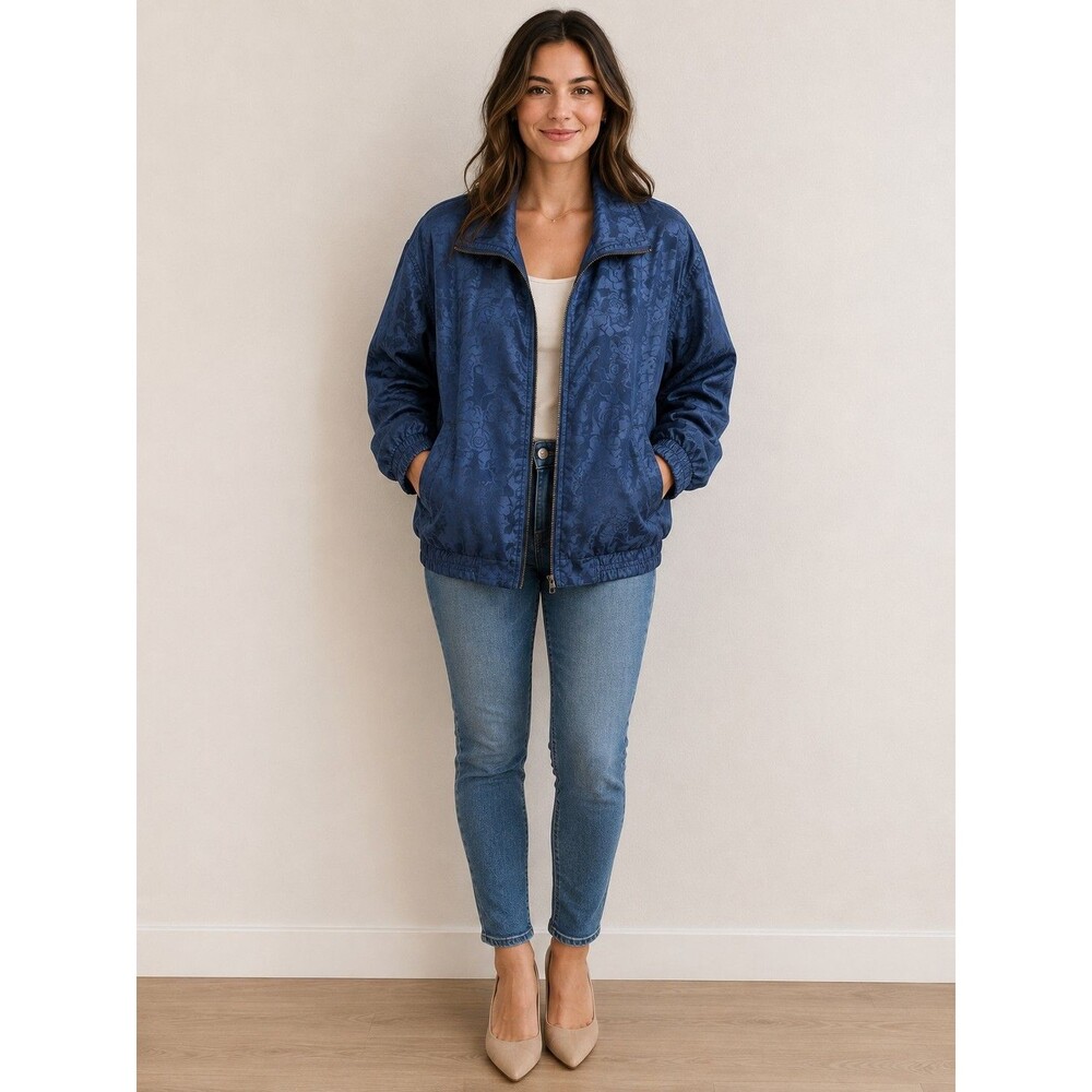100% Silk Blue Floral Jacquard Jacket Women’s Medium Full Zip Bomber Lightweight